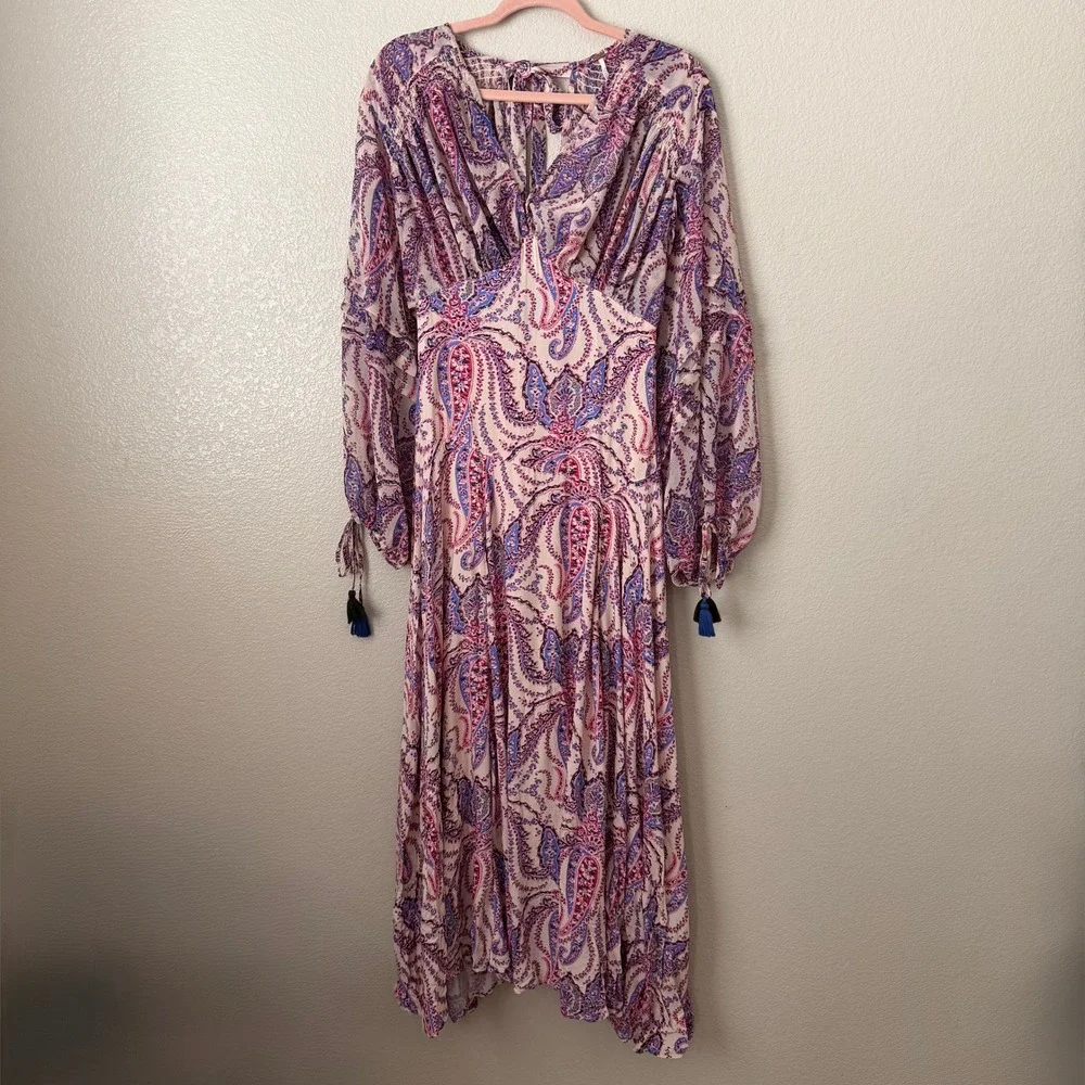 Free People Dress Size 4 Pink Purple Mirage Paisley Maxi Boho Tassel Empire
